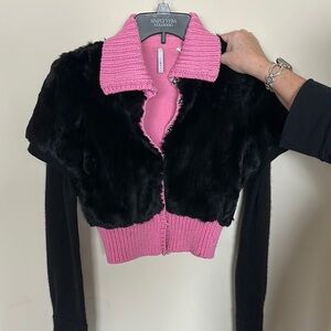 Iisli Black and Pink Real Fur Cashmere Cardigan